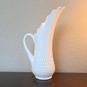 Vintage Unmarked Fenton Hobnail White Milk Glass Swung Pitcher Vase 13" Tall MCM